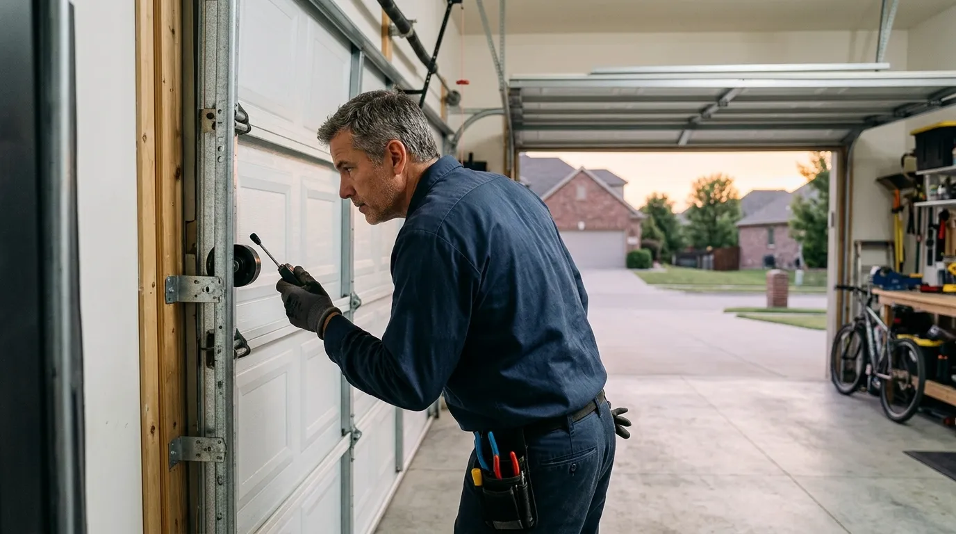 Garage door technician repairing a residential garage door in Elgin Illinois
