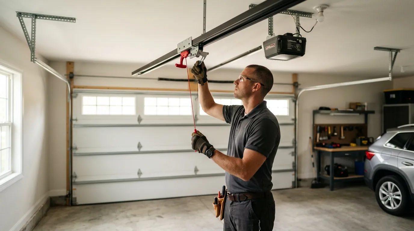 Garage door technician inspecting springs rollers tracks and opener in Elgin Illinois